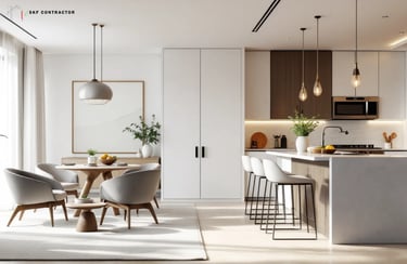 Modern open plan kitchen and dining area featuring minimalist white cabinets and elegant pendant lighting.