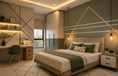 Modern bedroom with sage green accent wall, geometric wall art, wooden desk, and warm pendant lighting.