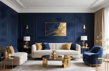 Living room in Navy Blue + Gold Color Combination