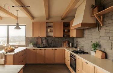 A modern rustic kitchen with warm textures