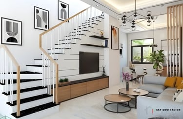 Modern living room interior with a black marble staircase and wall-mounted TV cabinet.