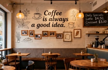 local art, handwritten menu boards, or small frames for cafe Interior