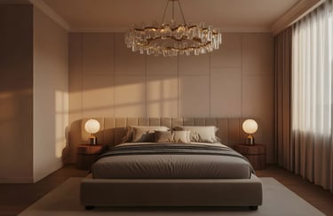 A statement chandelier combines bold design with warm, diffused brightness.