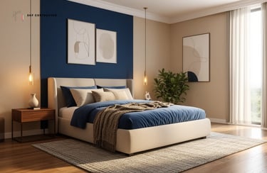 Modern bedroom interior with a blue accent wall, cream upholstered bed, and minimalist pendant lighting.