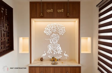 A spacious puja ghar with CNC cutting designs