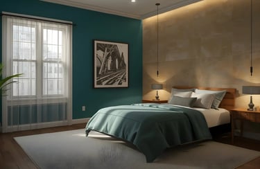 Best colour combination for bedroom featuring teal walls and warm stone
