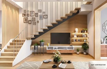 Modern living room with floating stairs, a wooden feature wall, and integrated media console.