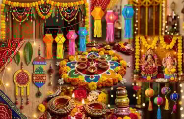 Navratri festival decorations featuring colorful rangoli, burning diya lamps, marigold garlands.