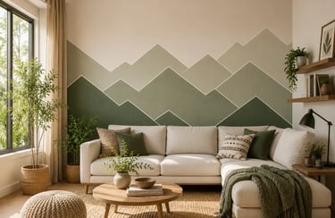 Modern living room with a green mountain peak mural behind a white sectional sofa and wooden coffee table.