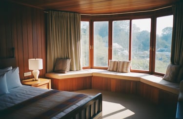 Teak bedroom interiors with a classy window bay seat