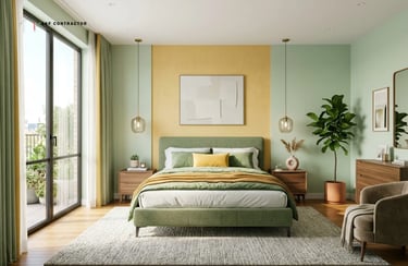 Modern sage green and yellow bedroom interior with a minimalist bed, hanging pendant lights, and large balcony doors.