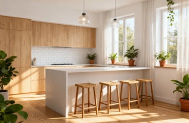 Modern minimalist kitchen featuring light wood cabinets, white quartz island, and woven bar stools with natural sunlight.