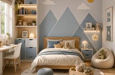 Modern mountain themed kids bedroom with blue accent wall, wooden bed, and cozy reading nook.