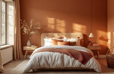 Cozy bedroom wall colour combination with warm orange shades and earthy accents