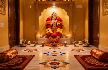 Hindu puja room featuring a decorated deity statue with flower garlands, oil lamps, and rangoli patterns.