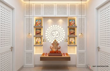A wooden puja unit with open shelves on either side