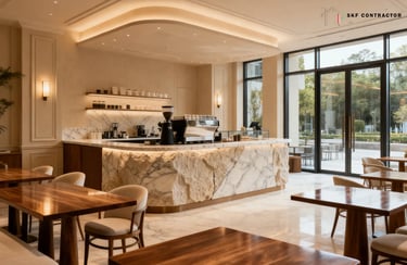 Luxury cafe interior featuring a natural stone marble counter, espresso machine, and wood dining tables.