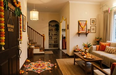 Indian living room decorated for Navratri with a colorful floor rangoli, marigold garlands.