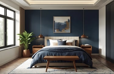 Bedroom colour combination featuring navy blue and warm beige hues