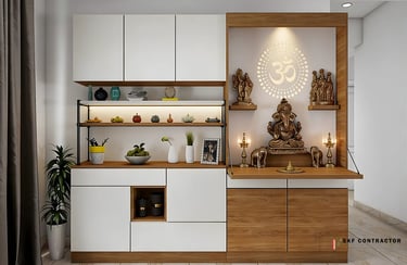 A space-saving puja unit with an attached rack