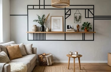 Modern minimalist living room featuring a wooden floating shelf with plants and art against a geometric wall mural.