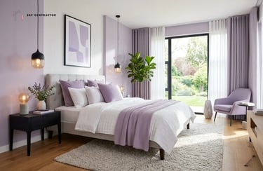 Modern bedroom interior design featuring lavender walls, a tufted headboard, and minimalist pendant lighting.