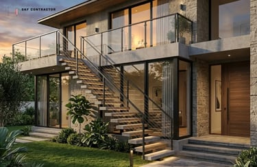 Modern luxury house with a floating concrete staircase, glass railings, and stone exterior at sunset.