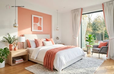 Modern bedroom interior with coral accent wall, white bedding, and large windows for natural light.