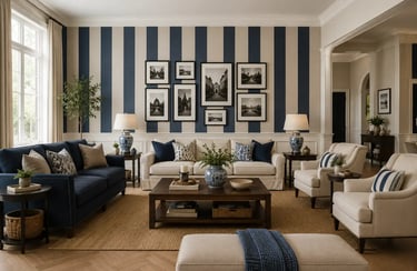 Elegant coastal living room featuring blue striped wallpaper, a gallery wall, and navy sofas with white accents.