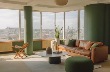 Living room in Forest Green + Tan Color Combination