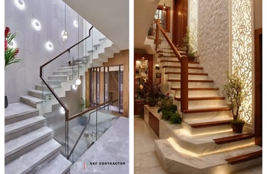 Modern luxury staircase designs featuring marble steps, glass railings, and elegant interior lighting.