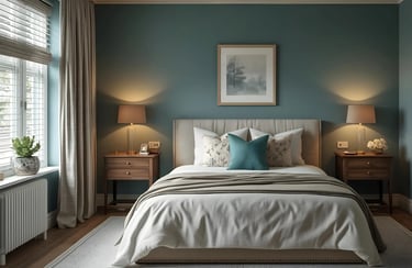 Relaxing bedroom wall colours featuring soothing teal blue shades and warm lighting