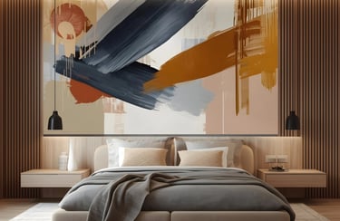 Modern bedroom interior featuring a large abstract wall mural with navy and terracotta brushstrokes above a gray bed.