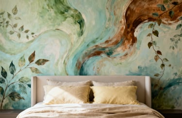 Modern bedroom featuring a large abstract wall mural with green, blue, and brown swirls and painted leaves.