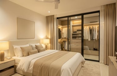 Modern master bedroom with a king size bed and glass sliding door walk-in closet.