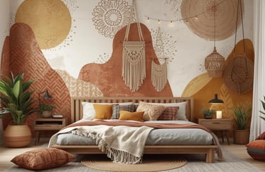 Boho chic bedroom featuring a terracotta desert mural, macrame wall hangings, and earthy textiles.