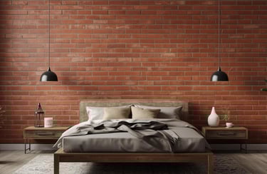 Modern industrial bedroom with a red brick accent wall, pendant lights, and a wooden bed frame.