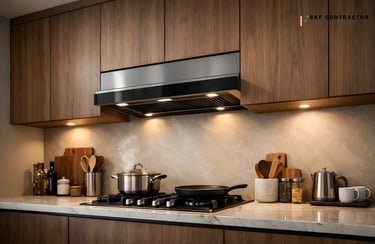 Modern kitchen with stainless steel range hood, marble countertops, and walnut wood cabinets.