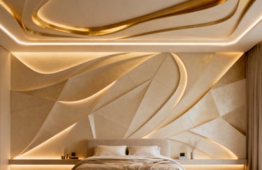 Luxury bedroom with a modern curved accent wall and warm integrated LED cove lighting.