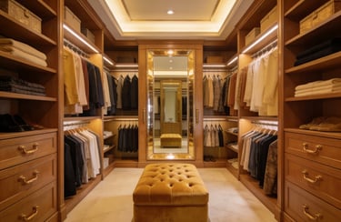 Luxury walk-in closet with custom wood cabinetry, integrated LED lighting, and a tufted velvet ottoman.