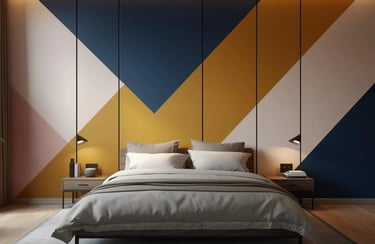 Modern bedroom with a geometric mountain wall mural in blue, yellow, and white colors.