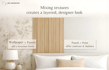A modern bedroom featuring mixed textures with floral wallpaper, wood wall panels, and white paint for a designer look.
