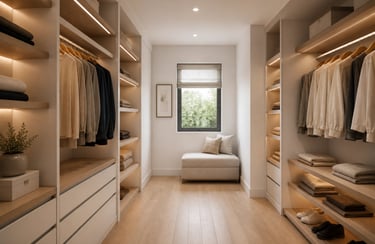 Modern luxury walk-in closet with custom wood shelving, built-in LED lighting, and a cozy window seating bench.