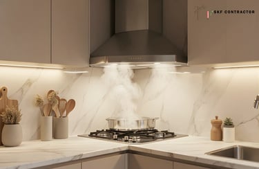 Modern kitchen with a stainless steel range hood over a gas stove and marble backsplash.