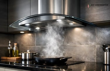 Modern stainless steel kitchen range hood venting steam from a black frying pan on a glass cooktop.