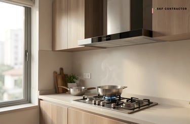 Modern kitchen with steaming pots on a gas stove under a stainless steel range hood.