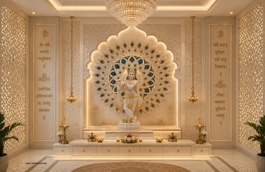 Elegant marble Krishna statue in a modern home mandir with peacock feather backdrop and warm lighting.