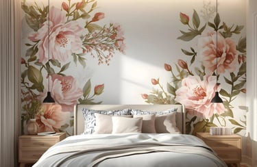 Modern bedroom featuring a large floral mural wallpaper behind a bed with neutral bedding.
