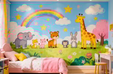 Colorful children's bedroom featuring a cartoon animal wall mural with a giraffe, elephant, and rainbow.