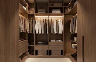 Luxury custom walk-in closet with organized wood shelving, hanging clothes, and warm integrated LED lighting.
